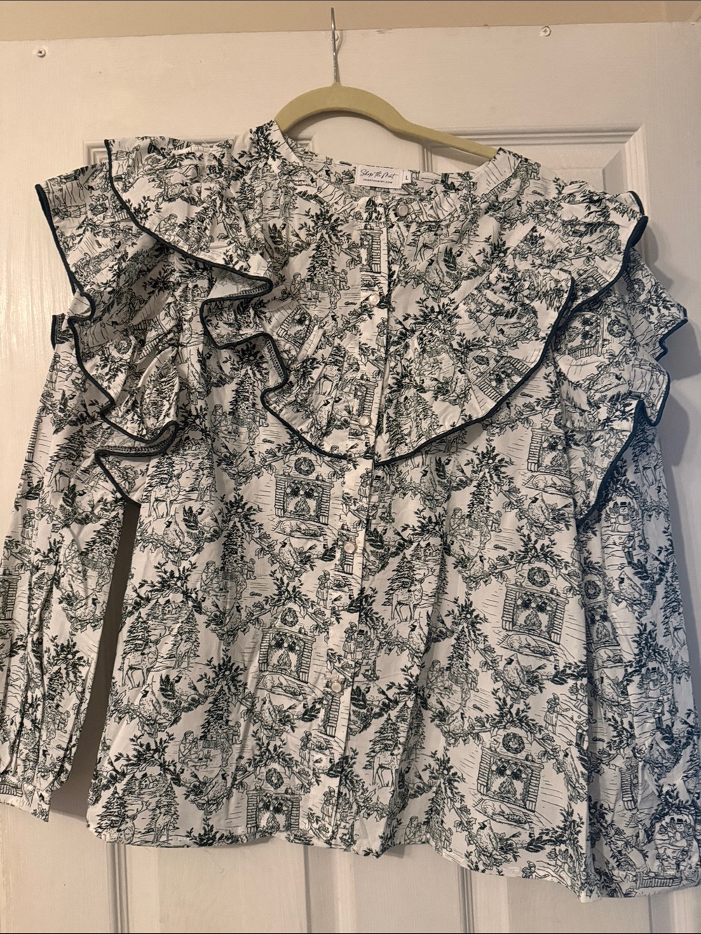 It's All Possible Emerald Green Holiday Toile Button Down Blouse